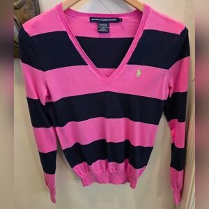 NWOT Ralph Lauren Women's V-Neck Sweater in Pink and Navy Blue M